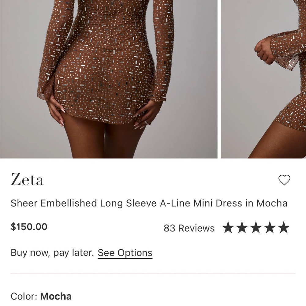 Oh Polly Zeta Long Sleeve Mini embellished Dress in Mocha - Picture 4 of 5